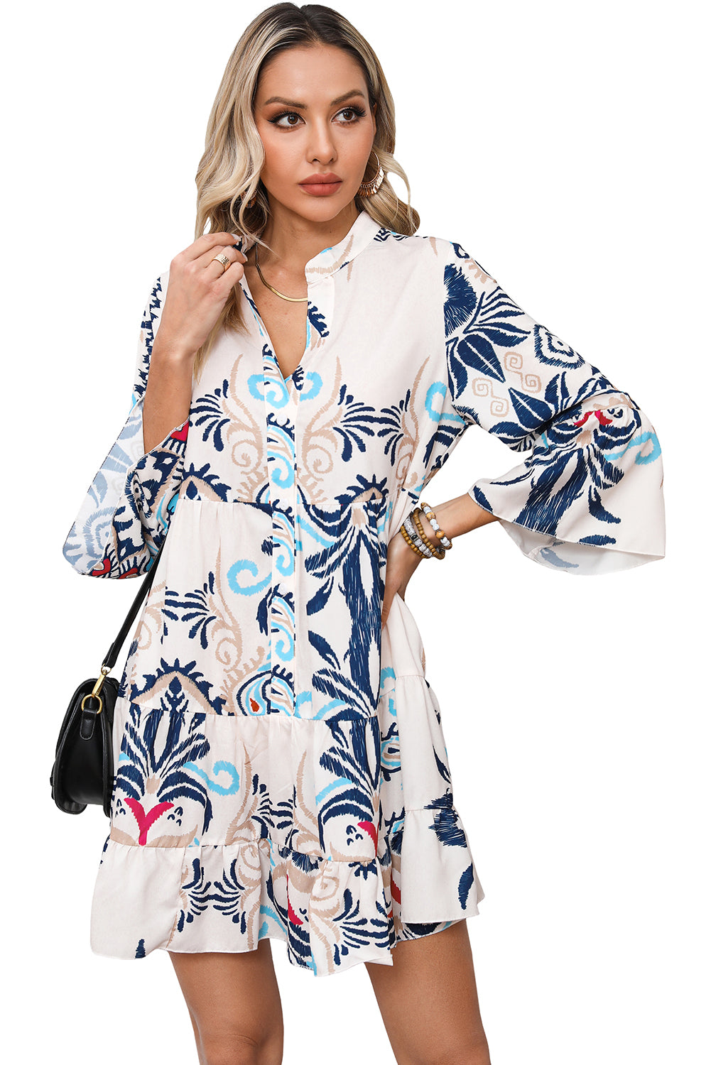 White printed tribal mini dress with bracelet sleeves and buttoned front from Dear-Lover, made of lightweight polyester.
