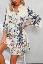 White printed tribal mini dress with bracelet sleeves and button details, made of lightweight polyester by Dear-Lover.