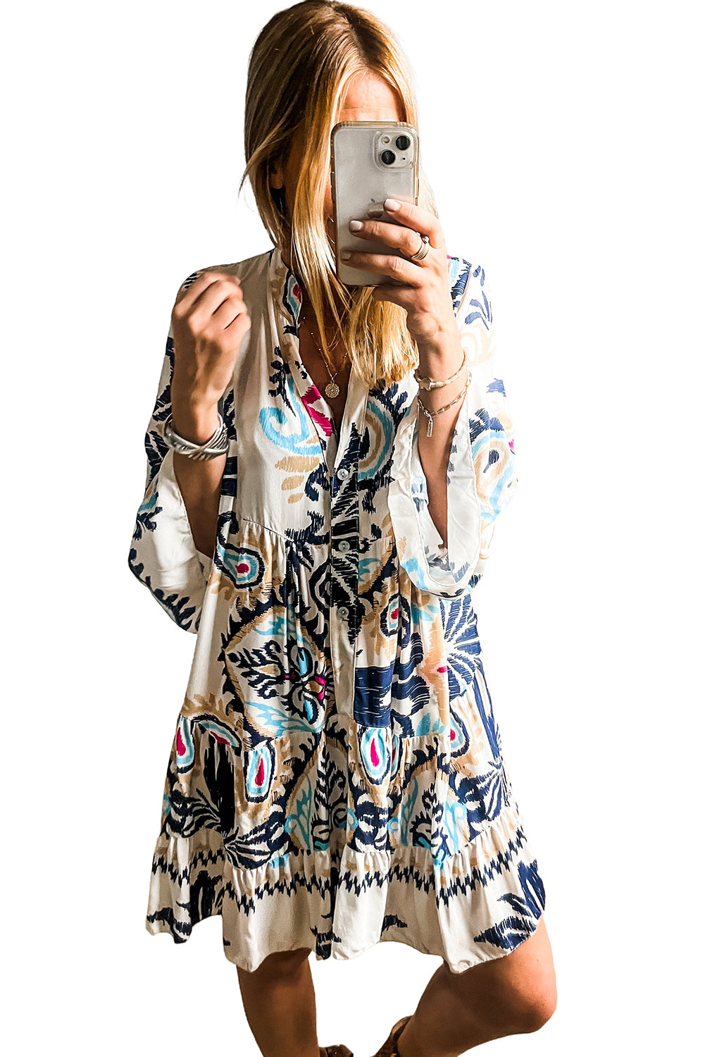 White printed tribal mini dress with bracelet sleeves and button details by Dear-Lover, made of lightweight polyester fabric.