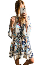 White printed tribal mini dress with bracelet sleeves and button details by Dear-Lover, made of lightweight polyester fabric.