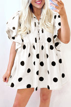 White polka dot print mini dress by Dear-Lover with half buttons, ruffled short sleeves, and a loose fit, perfect for casual wear.
