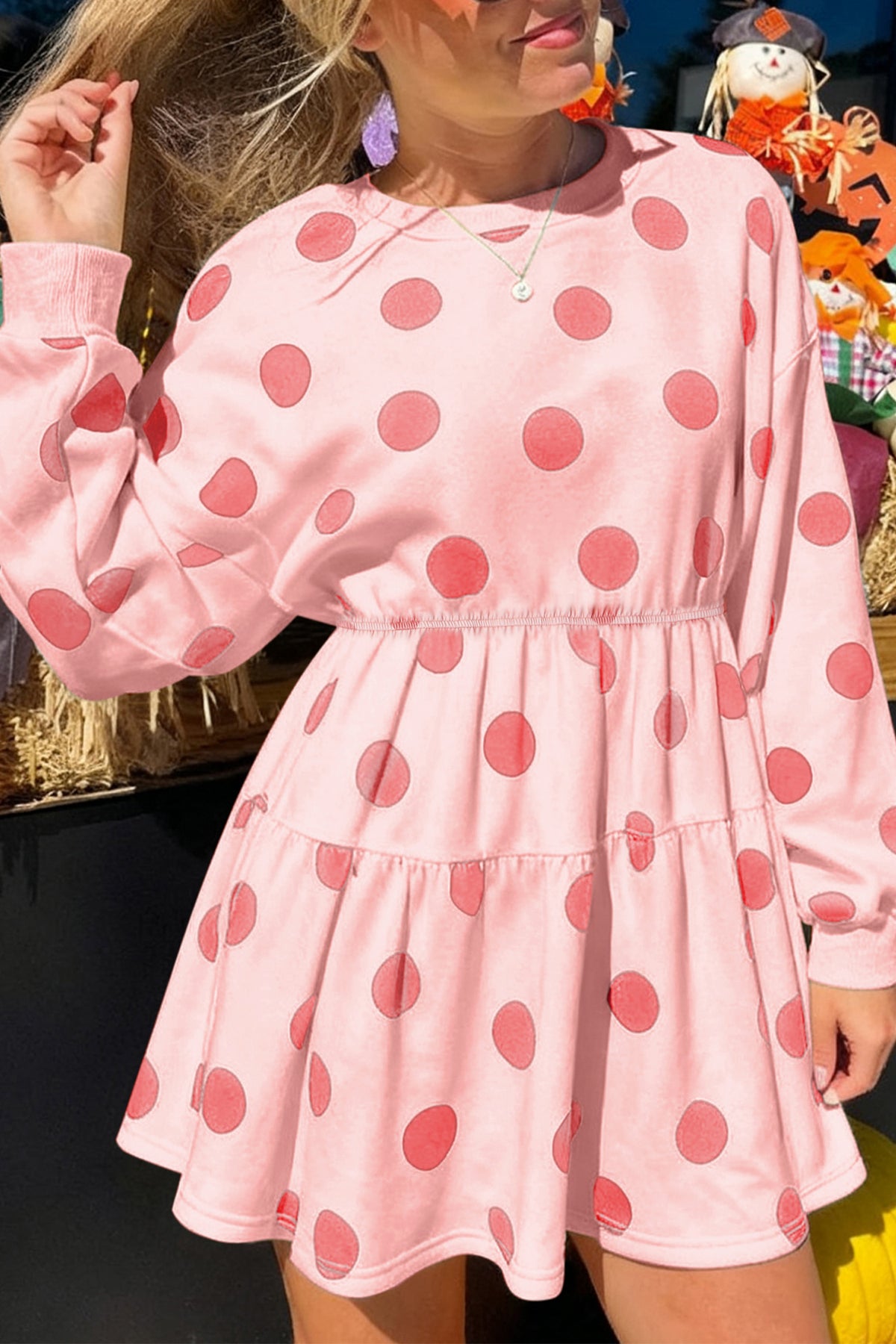 White polka dot printed long sleeve flared mini dress by Dear-Lover, featuring a fitted waist and playful pattern.
