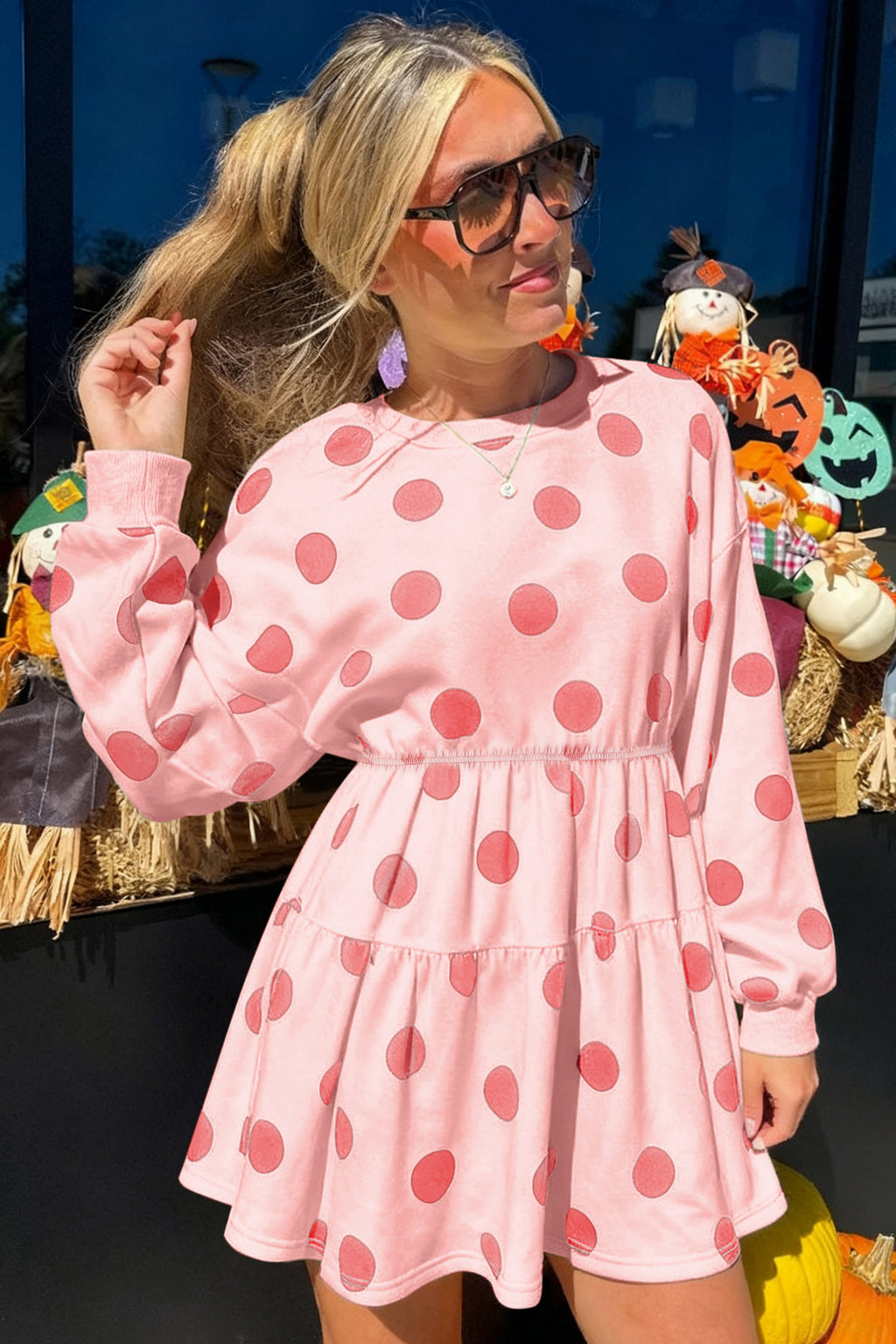White polka dot printed long sleeve flared mini dress from Dear-Lover with a fitted waist and playful pattern, perfect for casual wear.