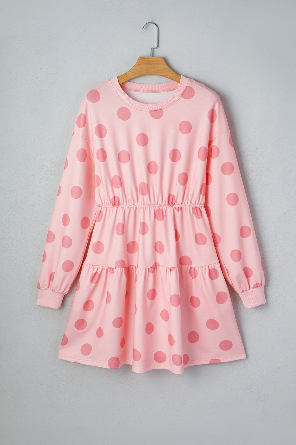 White polka dot printed long sleeve flared mini dress by Dear-Lover, lightweight polyester with elastane, stylish and feminine.