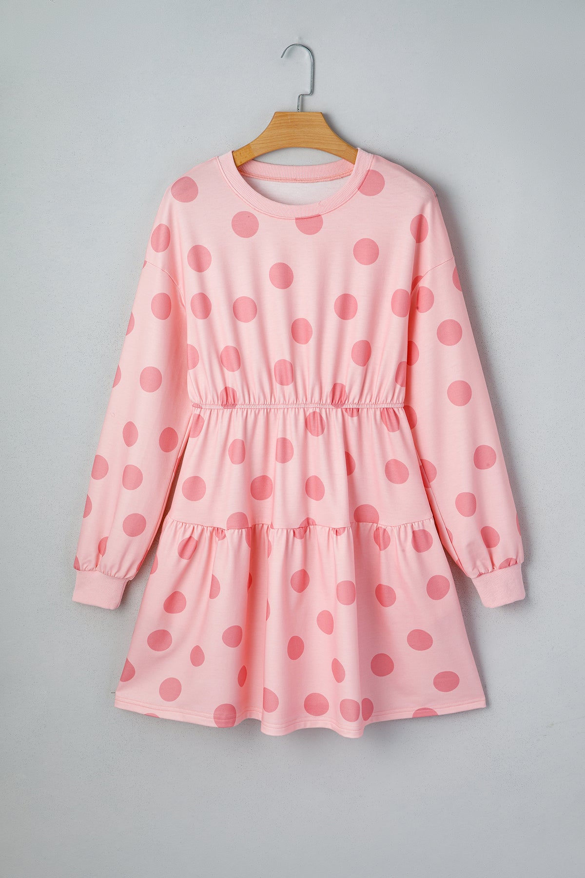 White polka dot printed long sleeve flared mini dress by Dear-Lover, lightweight polyester with elastane, stylish and feminine.