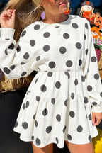 White polka dot printed long sleeve flared mini dress from Dear-Lover, featuring a fitted bodice and playful pattern.