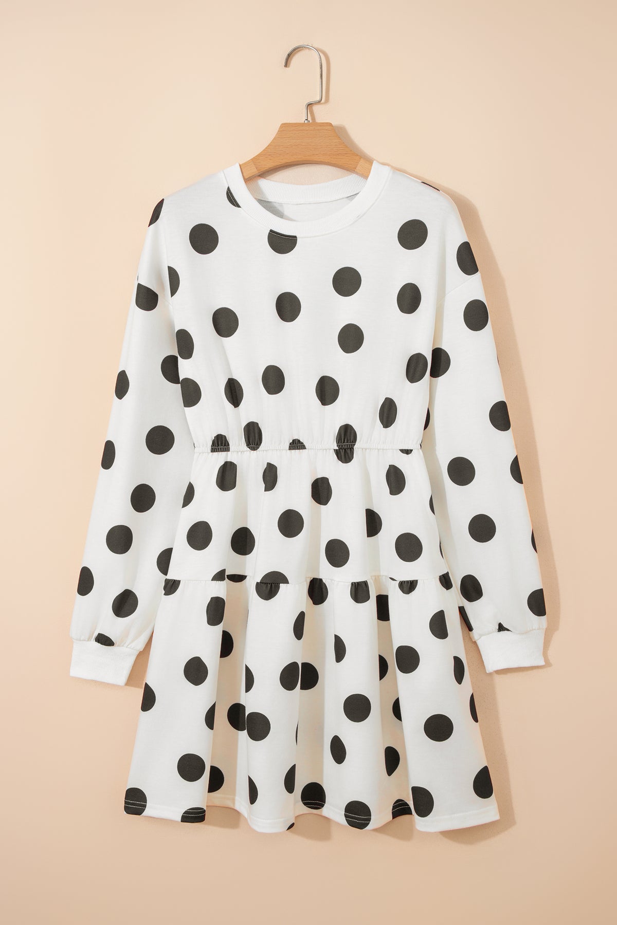 White polka dot printed long sleeve flared mini dress by Dear-Lover, featuring a fitted waist and playful pattern.