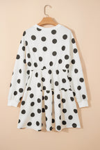 White polka dot printed long sleeve flared mini dress by Dear-Lover, featuring a fitted waist and playful pattern.