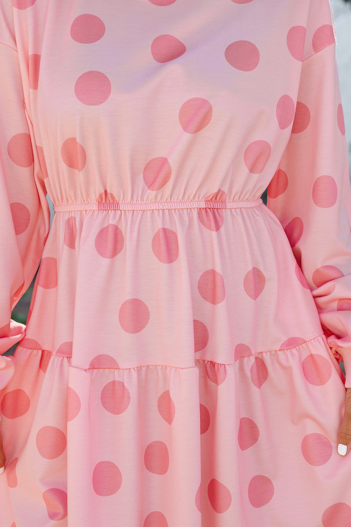 White polka dot printed long sleeve flared mini dress from Dear-Lover, featuring a fitted bodice and flared skirt.