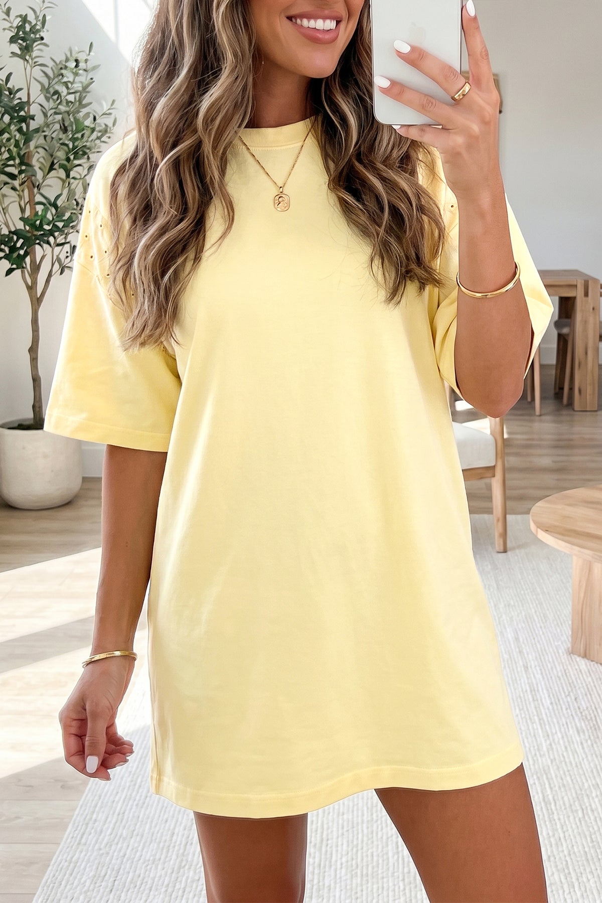 Yellow cream mini T-shirt dress with eyelet embroidery, lace splicing, and loose fit from Dear-Lover.