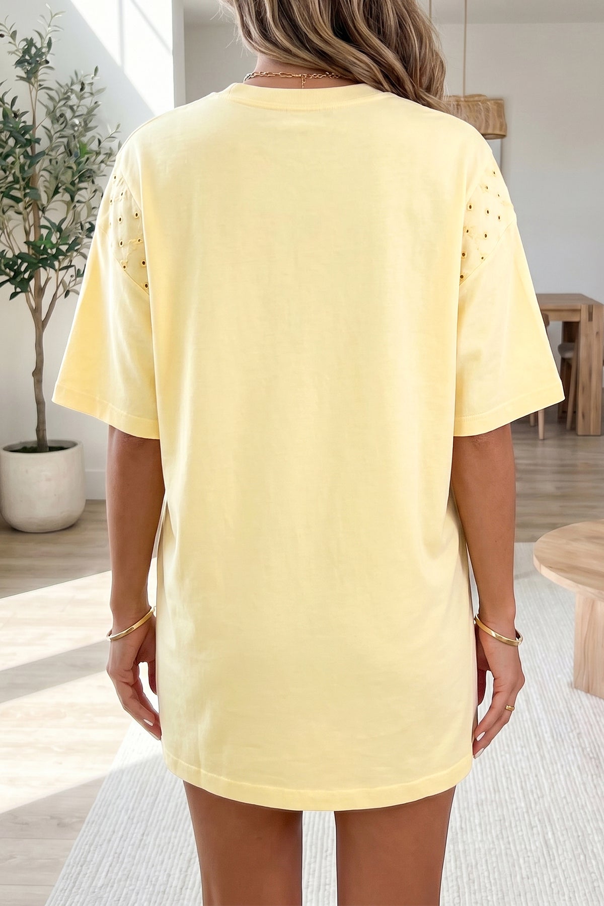 Yellow cream T-shirt dress with eyelet embroidery, lace splicing, and loose fit, perfect for casual wear by Dear-Lover.