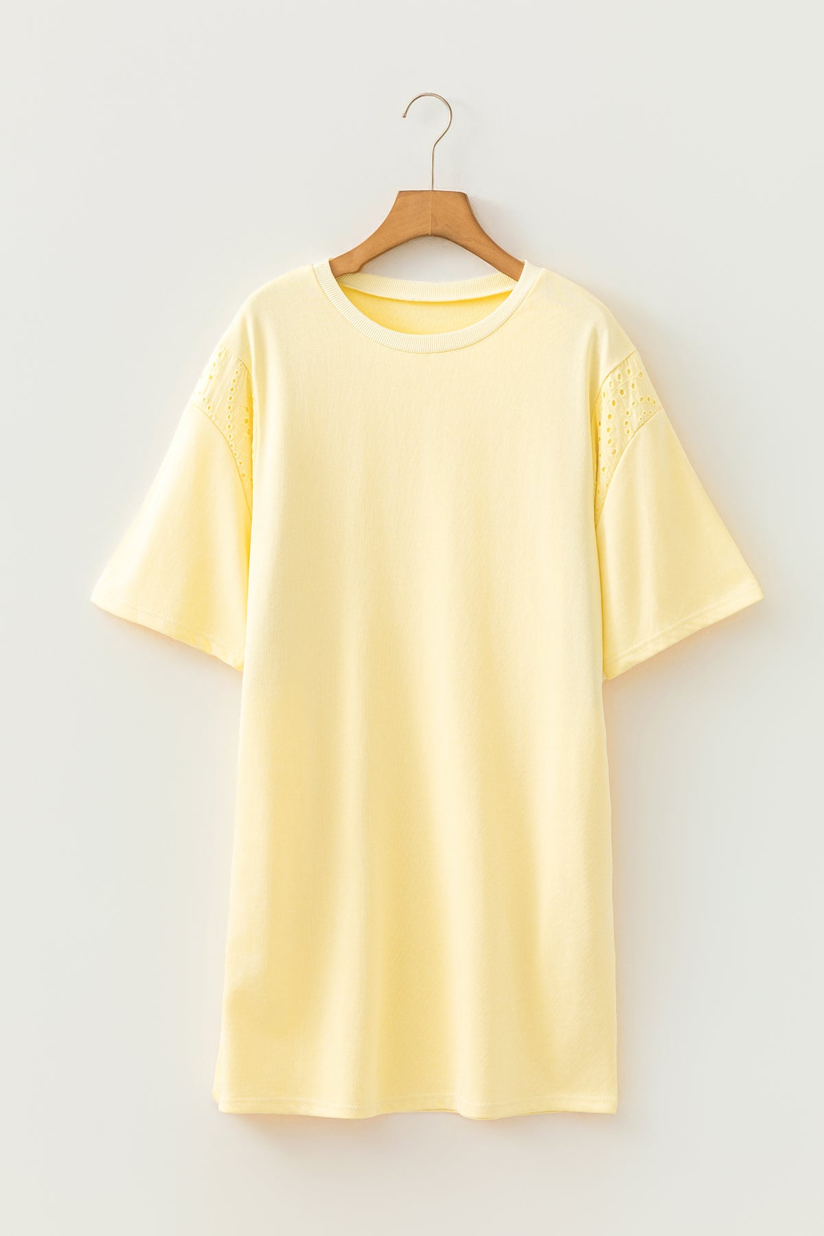 Yellow cream mini T-shirt dress with eyelet embroidery, lace splicing, and loose fit from Dear-Lover Dropshipping.