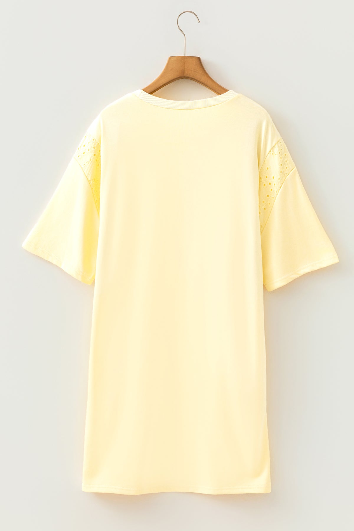Yellow cream lace-spliced eyelet embroidered mini T-shirt dress with loose fit and embroidered sleeves by Dear-Lover.