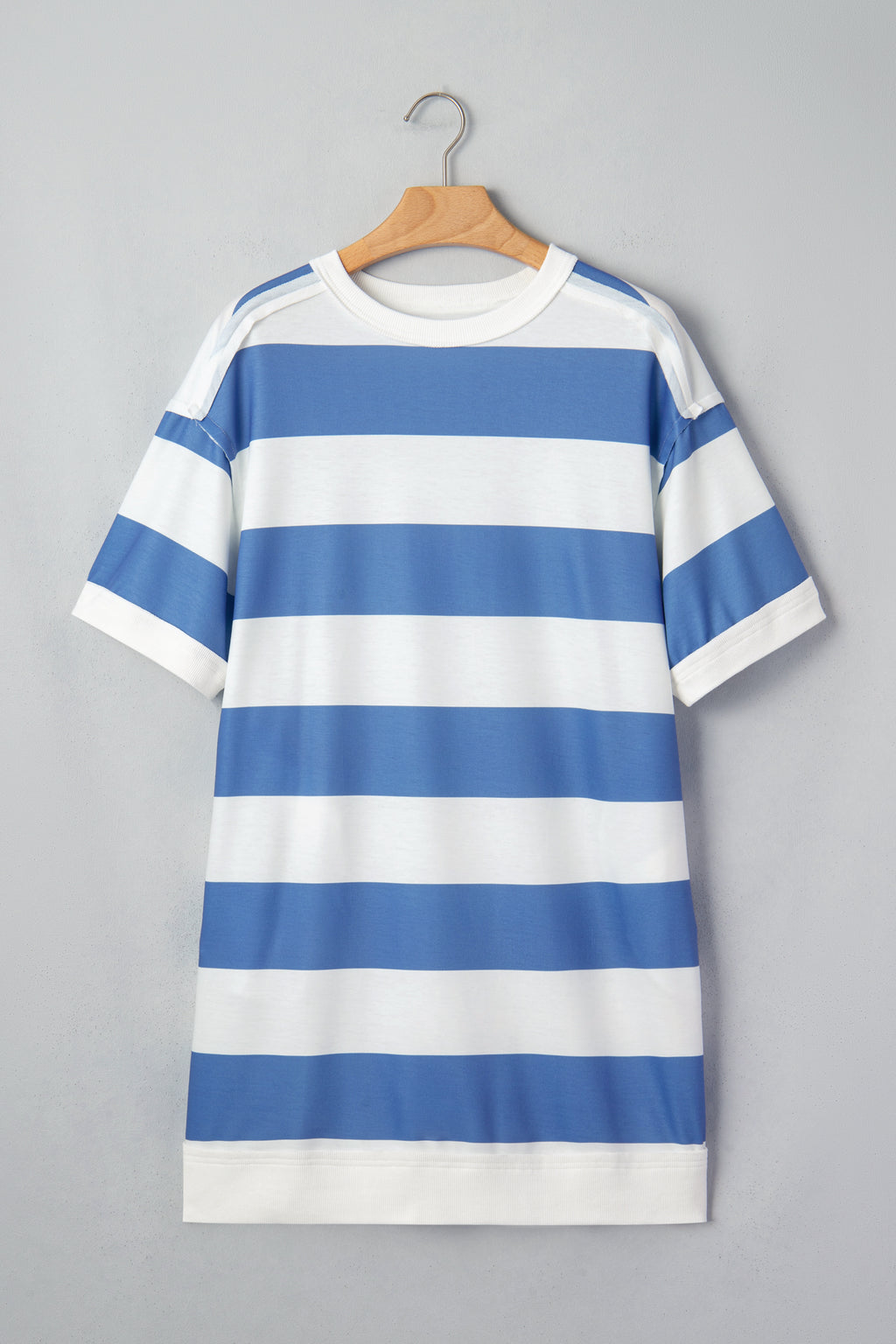 Blue stripe casual T-shirt dress by Dear-Lover with raw seam shoulder detail, made of polyester and elastane, perfect for relaxed wear.