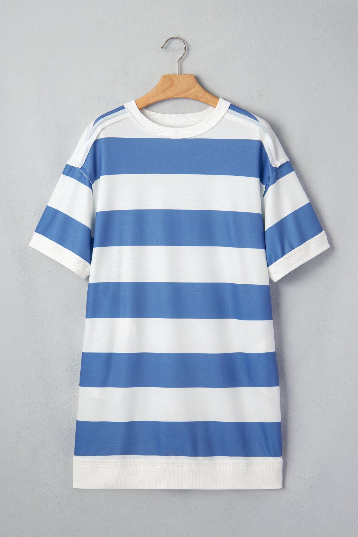 Blue stripe casual T-shirt dress by Dear-Lover with raw seam shoulder detail, made of polyester and elastane, perfect for relaxed wear.