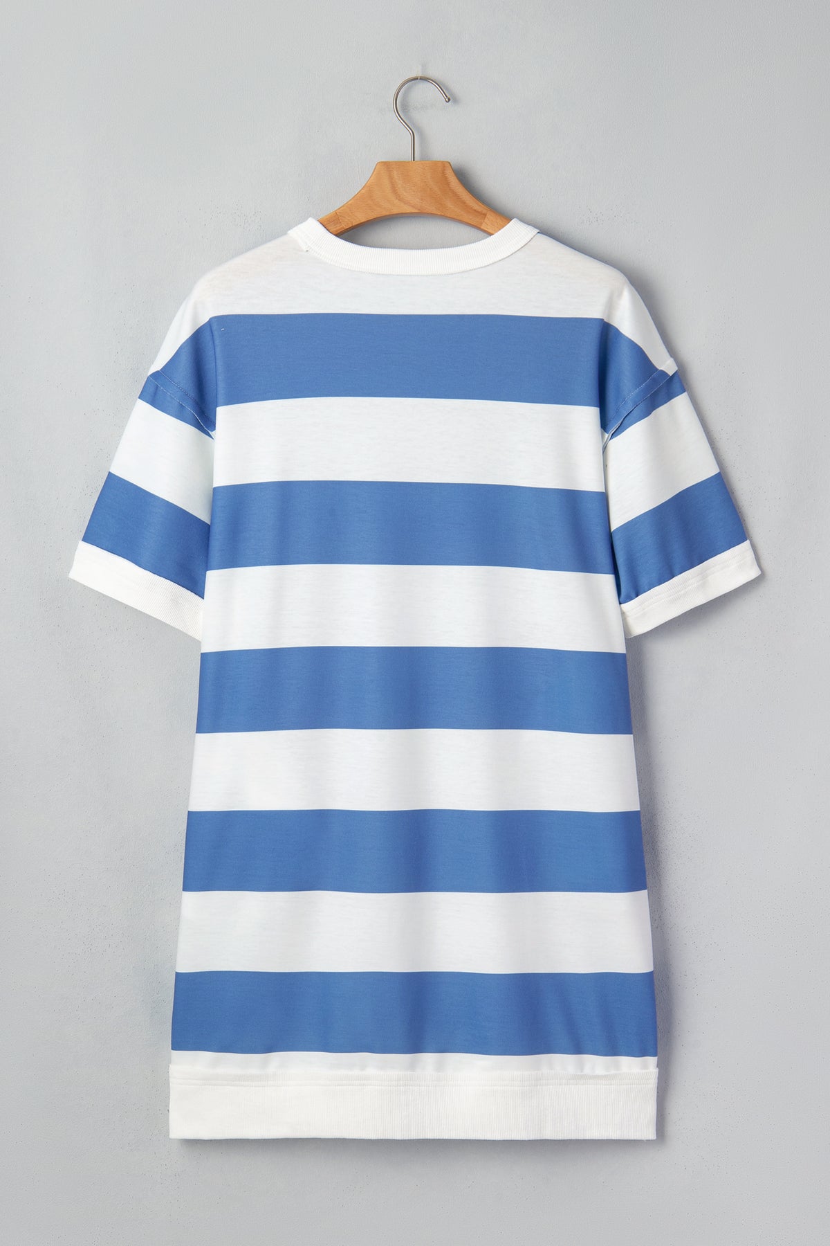 Blue stripe casual T-shirt dress by Dear-Lover with raw seam shoulder detail and stretchy polyester-elastane fabric.