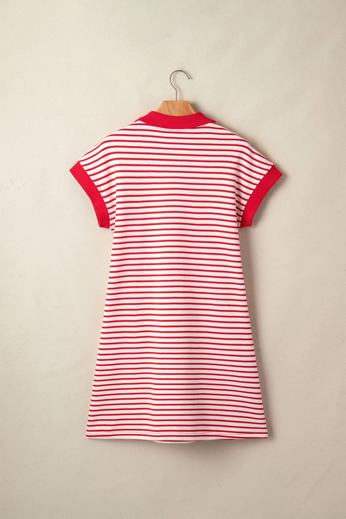 Red stripe quarter zip polo collar T-shirt dress with pockets, made by Dear-Lover, featuring a casual fit and stylish design.