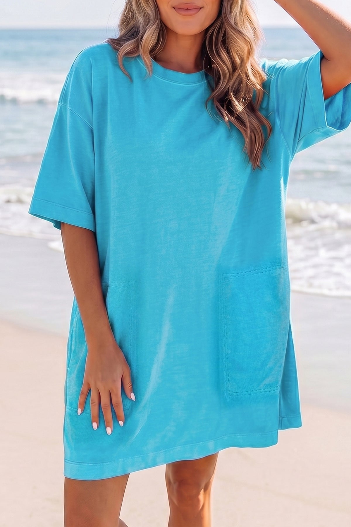 Light blue drop shoulder casual T-shirt mini dress by Dear-Lover, loose fit with short sleeves and soft cotton-polyester fabric.