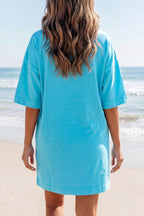 Light blue drop shoulder casual T-shirt mini dress by Dear-Lover with loose fit, made of cotton and polyester fabric.