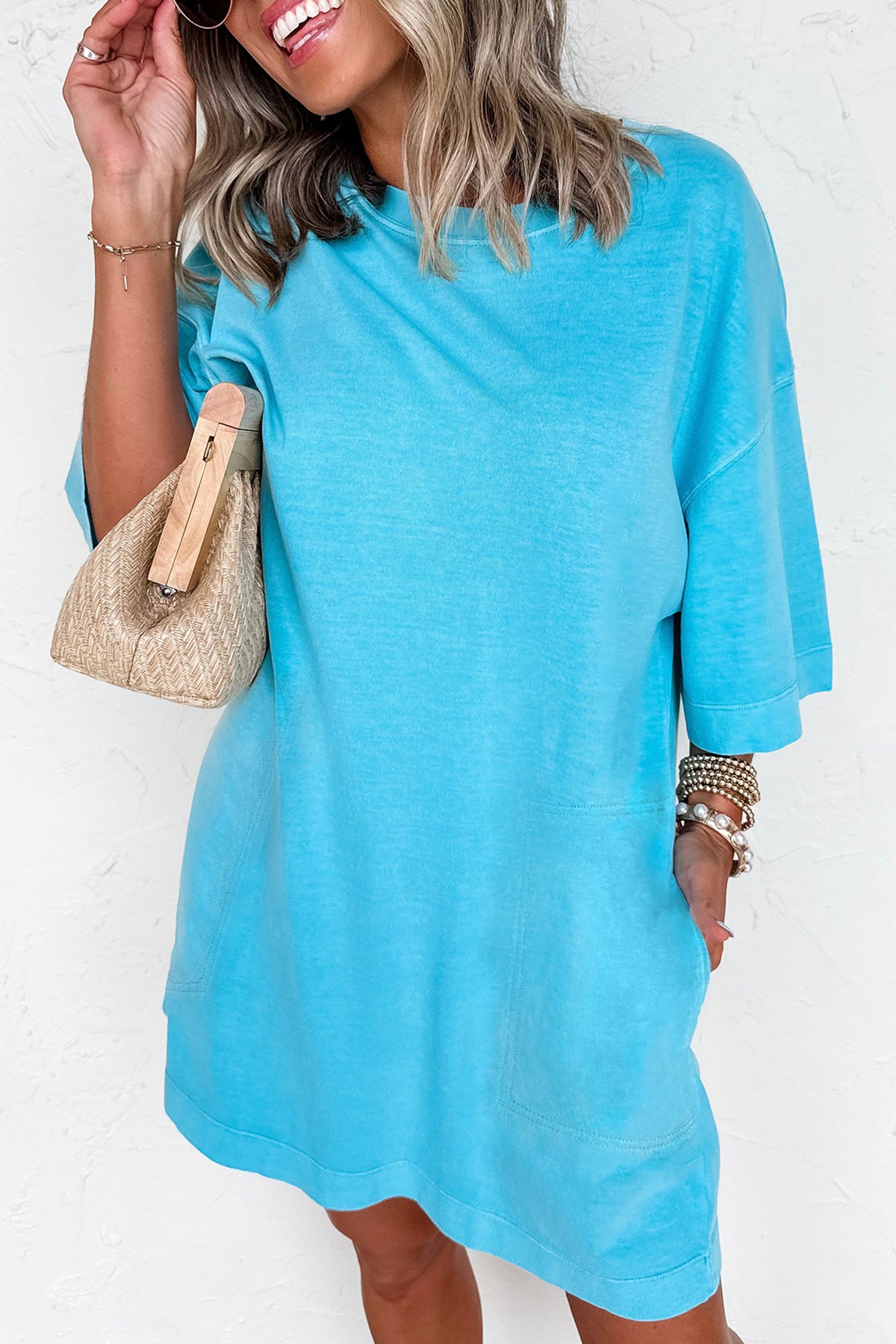 Light blue drop shoulder casual T-shirt mini dress from Dear-Lover, made of cotton and polyester, loose fit, casual style.