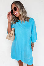 Light blue drop shoulder casual T-shirt mini dress by Dear-Lover, featuring a loose fit, short sleeves, and soft cotton-polyester fabric.