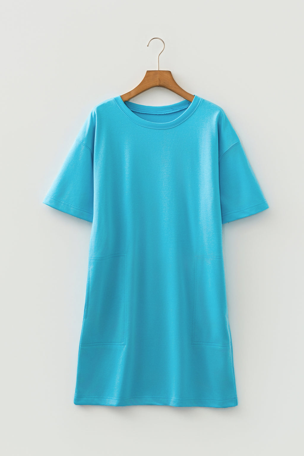Light blue drop shoulder casual T-shirt mini dress by Dear-Lover, loose fit, cotton-polyester blend, ideal for a relaxed look.