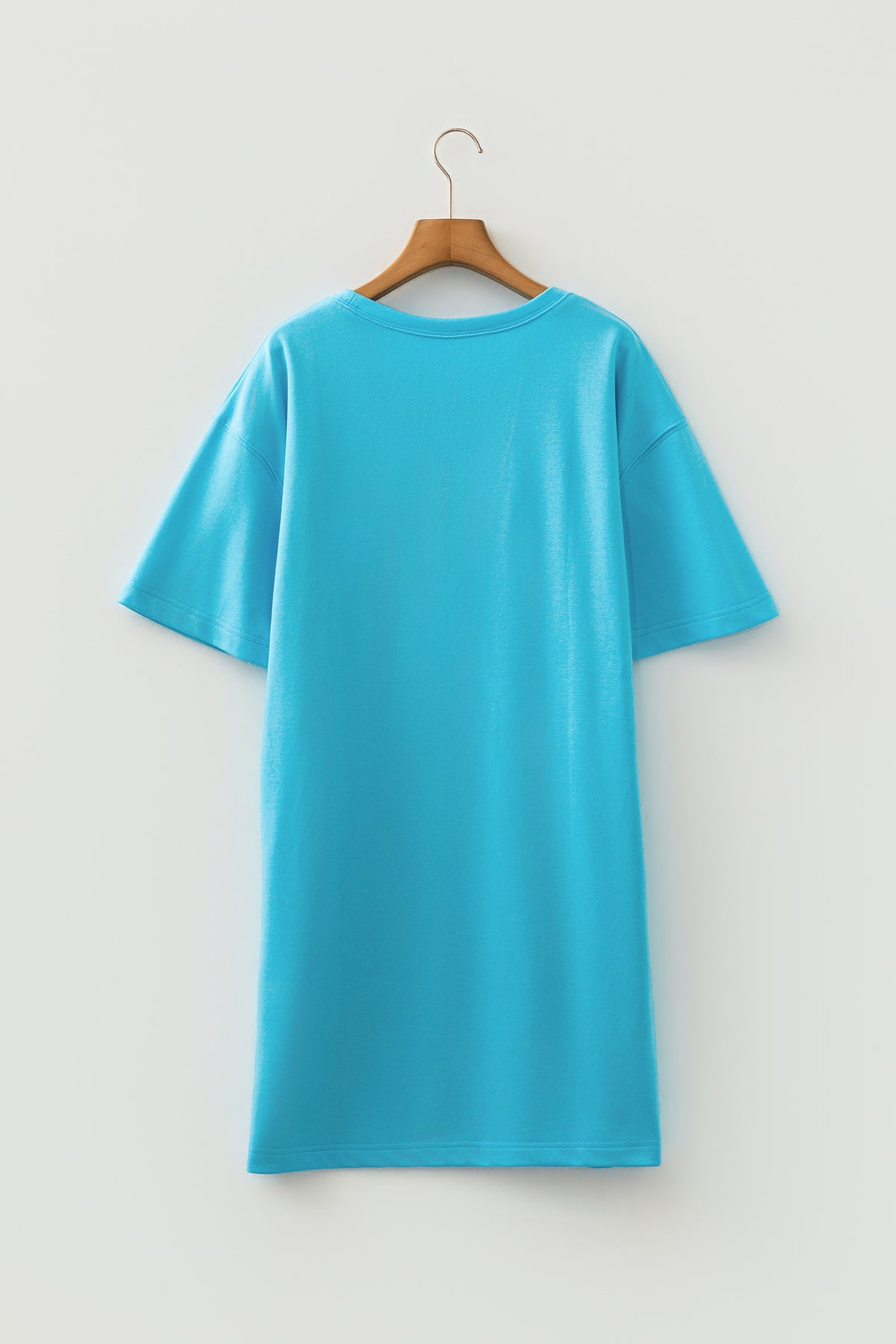 Light blue drop shoulder casual T-shirt mini dress by Dear-Lover, loose fit, made of cotton and polyester, perfect for relaxed style.