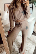 Khaki retro star print long sleeve lounge set by Dear-Lover with drawstring wide-leg pants, made of polyester and elastane.