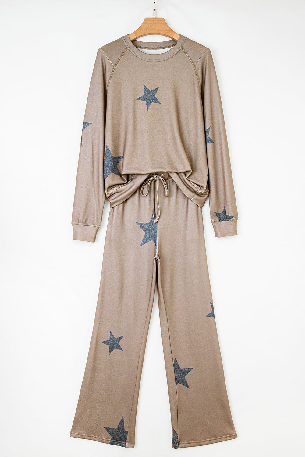 Khaki retro star print loose long sleeve lounge set with drawstring wide-leg pants, made of polyester and elastane, by Dear-Lover.