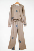 Khaki retro star print loose long sleeve lounge set with drawstring wide-leg pants, made of polyester and elastane, by Dear-Lover.
