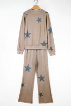 Khaki retro star print lounge set by Dear-Lover with loose long sleeves and wide-leg pants, two-piece sleepwear ensemble.