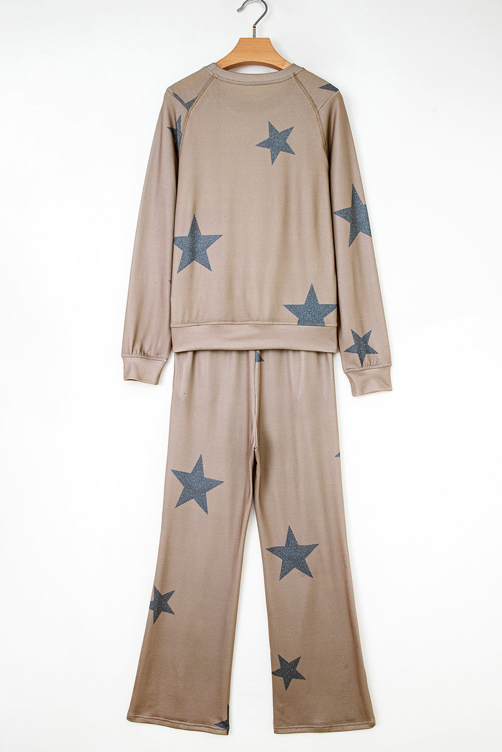 Khaki retro star print lounge set by Dear-Lover with loose long sleeves and wide-leg pants, two-piece sleepwear ensemble.