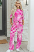 Rose checkered print half sleeve tee and lounge pant set by Dear-Lover, comfortable loungewear and sleepwear in polyester and elastane.