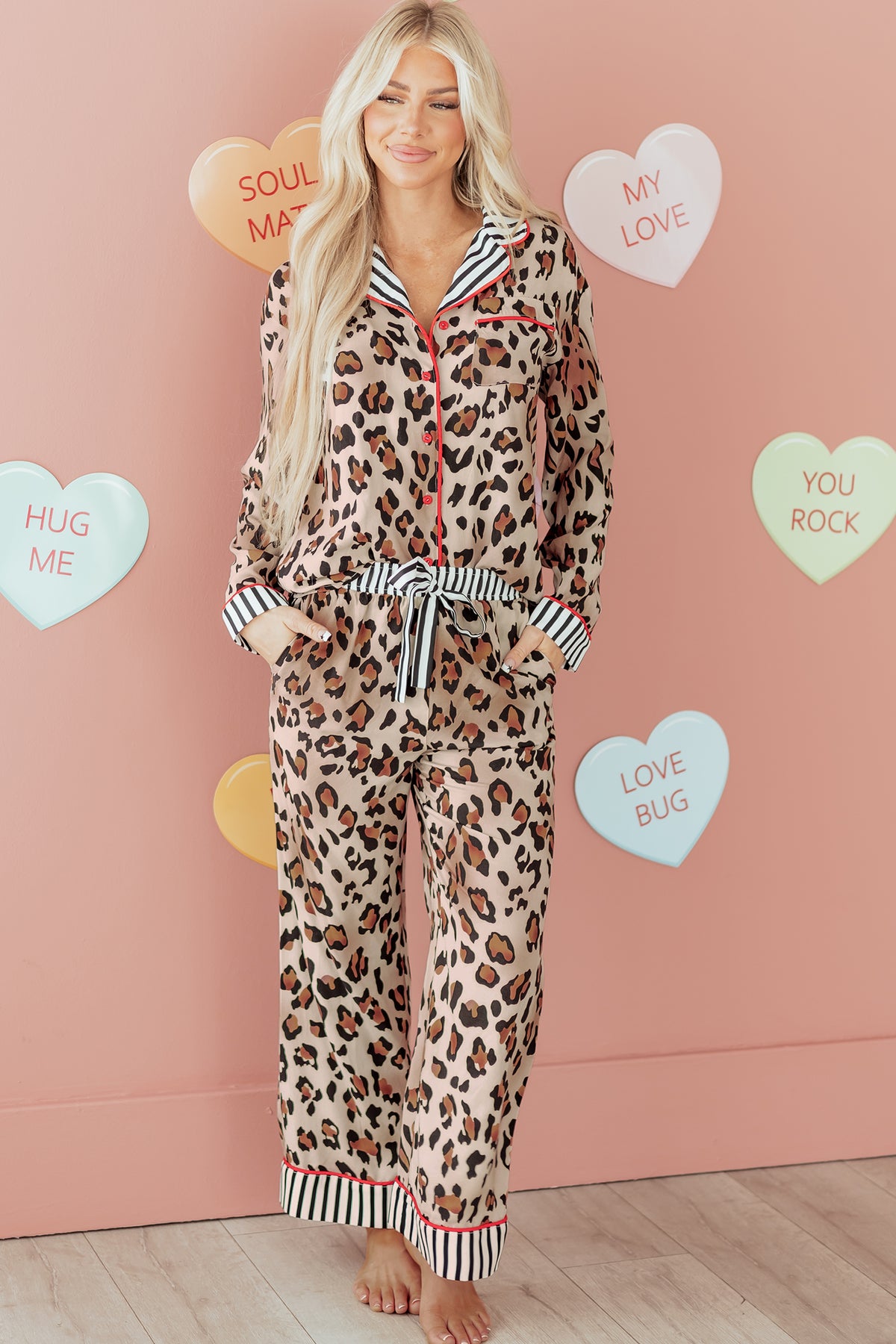 Dear-Lover khaki leopard print pajama set with colorblock and striped edges, including a shirt and pants for comfortable loungewear.