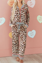 Khaki leopard print colorblock striped edge pajama set by Dear-Lover, featuring a comfortable shirt and pants for loungewear or sleepwear.