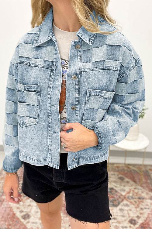 Beau Blue Denim Checkered Pattern Patchwork Women's Casual Jacket by Dear-Lover, featuring a stylish denim outerwear design.