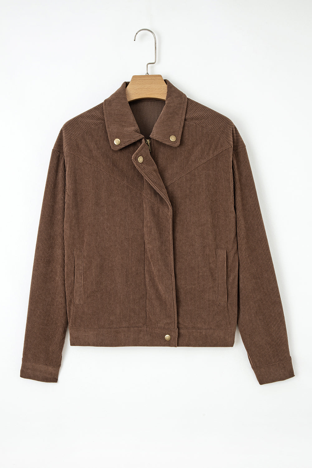 Dark khaki corduroy jacket with button and zip-up closure, lapel collar, from Dear-Lover Dropshipping, outerwear for casual wear.