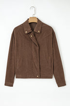Dark khaki corduroy jacket with button and zip-up closure, lapel collar, from Dear-Lover Dropshipping, outerwear for casual wear.