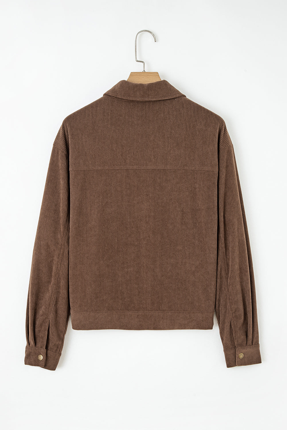 Dark khaki corduroy jacket with button and zip-up front, lapel collar, from Dear-Lover Dropshipping, stylish outerwear for cooler weather.