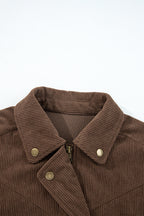 Dark khaki corduroy jacket with button and zip closure, lapel collar, fitted outerwear from Dear-Lover Dropshipping.