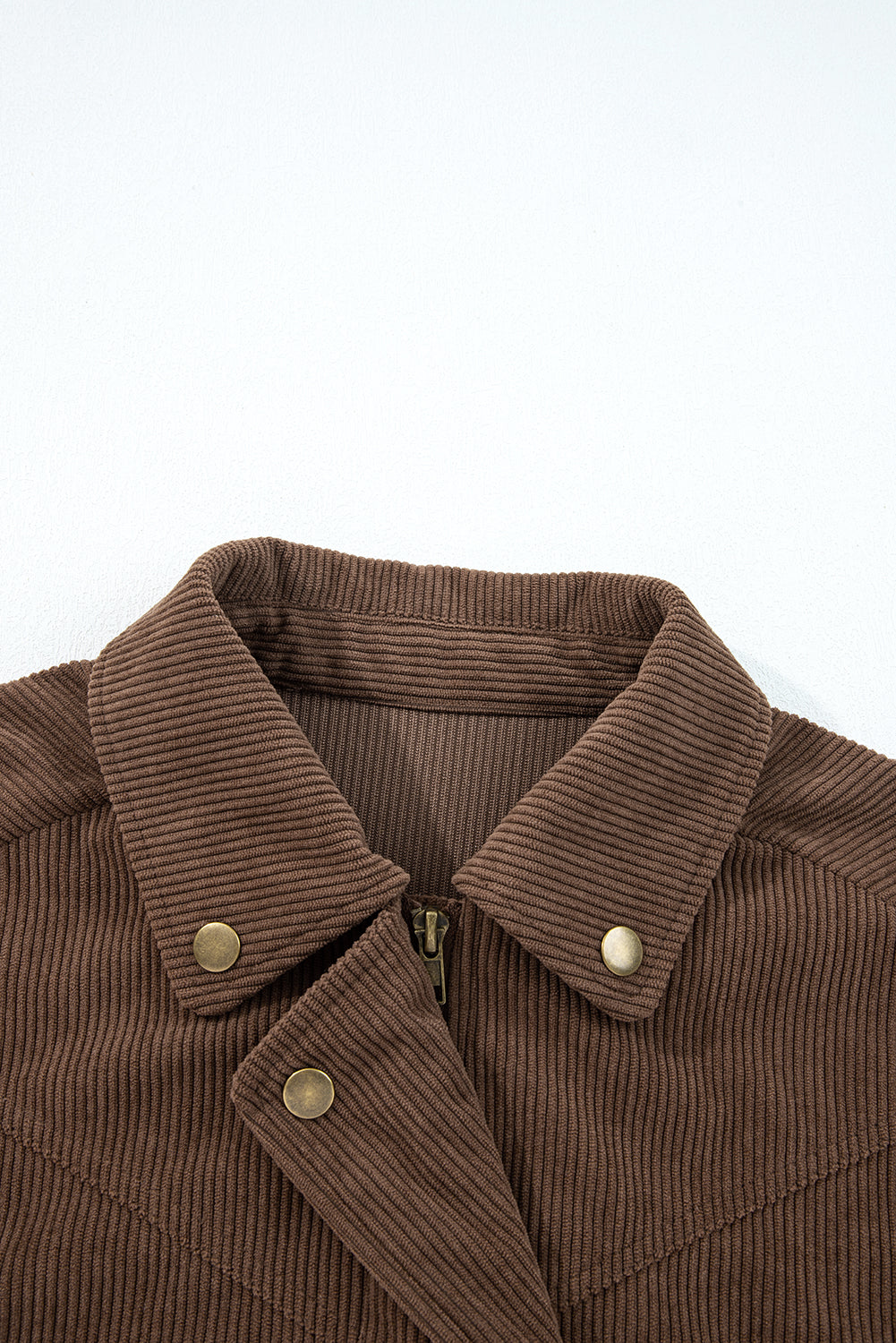Dark khaki corduroy jacket with button and zip closure, lapel collar, fitted outerwear from Dear-Lover Dropshipping.