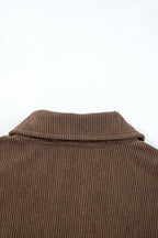 Dark khaki corduroy jacket with button and zip-up closure, lapel collar, from Dear-Lover, suitable as stylish outerwear.