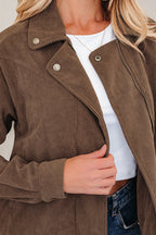 Dark khaki corduroy jacket with button and zip-up front, lapel collar, from Dear-Lover Dropshipping outerwear collection.