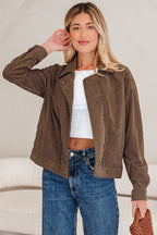 Dark khaki corduroy jacket with button and zip-up front, lapel collar, from Dear-Lover Dropshipping outerwear collection.