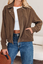 Dark khaki corduroy jacket with button and zip-up closure, lapel collar, from Dear-Lover Dropshipping outerwear collection.