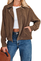 Dark khaki corduroy jacket with button closure, zip-up front, lapel collar, from Dear-Lover Dropshipping outerwear collection.
