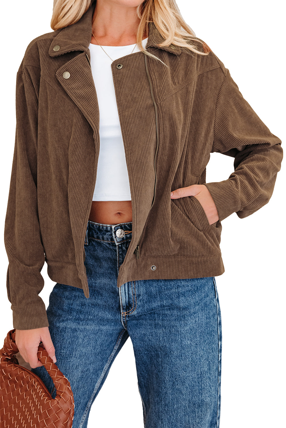 Dark khaki corduroy jacket with button closure, zip-up front, lapel collar, from Dear-Lover Dropshipping outerwear collection.