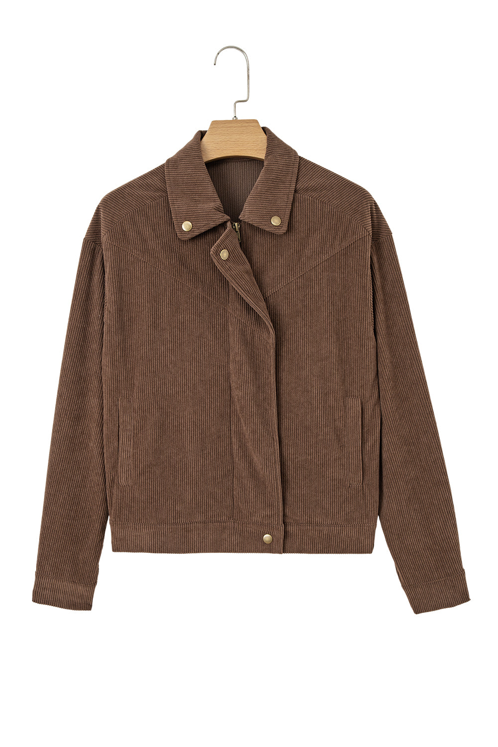 Dark khaki corduroy jacket with button and zip-up front, lapel collar, from Dear-Lover Dropshipping, outerwear for stylish warmth.