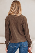 Dark khaki corduroy jacket with button and zip-up front, lapel collar, stylish outerwear by Dear-Lover Dropshipping.