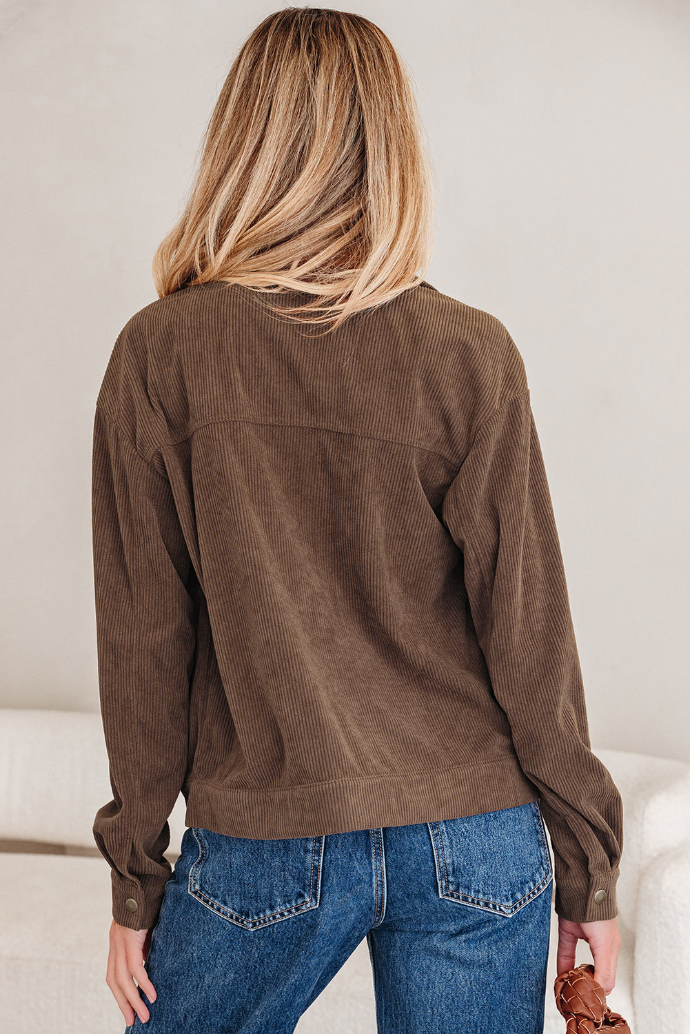 Dark khaki corduroy jacket with button and zip-up front, lapel collar, stylish outerwear by Dear-Lover Dropshipping.